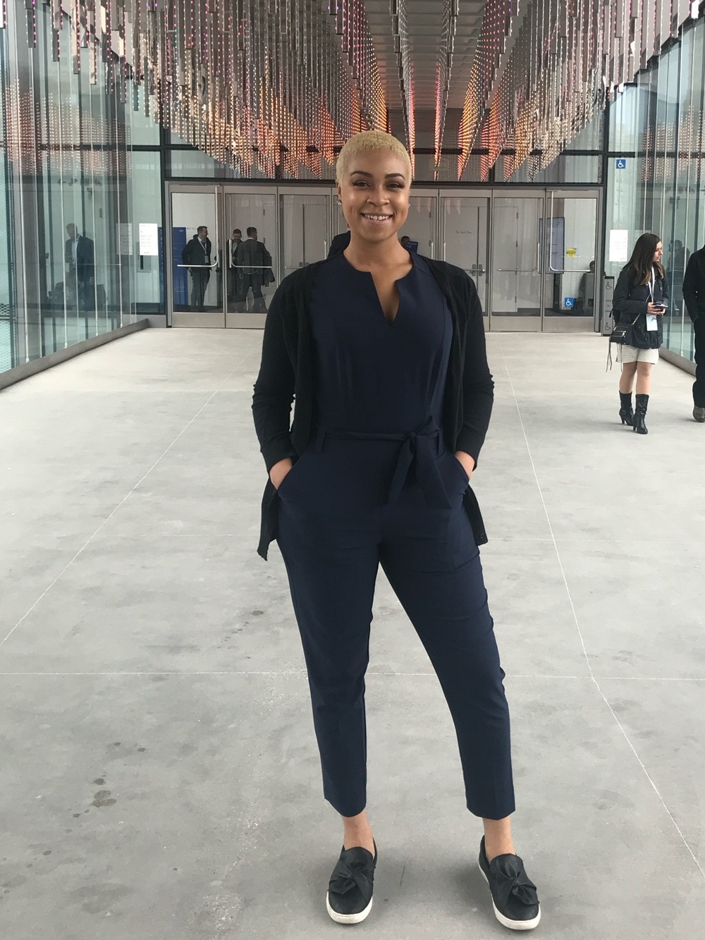 New York & Company Navy Ankle-Length Jumpsuit with Tie Belt